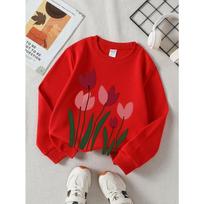 Kids Sweatshirt ,Crew Neck Fashion Top, Fun Tulip Flower Garden   Sweatshirt, Suitable for Everyday Casual Wear,Perfect for All Kinds of Daily Outfits 110 raudona