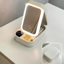 Travel Makeup Bag with LED Mirror - Desktop polished finish, zipper closed, rechargeable makeup mirror with light, three color adjustable light source