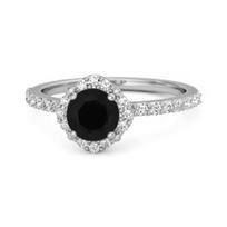 Black Spinel Floral Halo pave Ring - 925 Sterling Silver 6.5 balto aukso spalvos