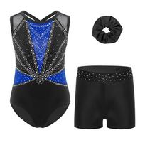 Kids Girls Stage Performance Outfit: Sleeveless Crisscross Back Rhinestone Leotard & Elastic Waistband Shorts with Matching Hairband 5-6 Years sidabras/juoda