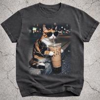 Calico Cat Drinking Iced Coffee Shirt, Funny Cat Coffee Meme Tee, Silly Cat Graphic T-Shirt, Novelty Coffee Lover Gift for Cat Mom Dad S