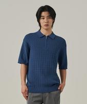 Analog Mood Cable Half-Zip Collar Short-Sleeve Knit (Deep Blue) Free