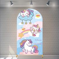 Rainbow Unicorn Carousel Arch Background Baby Shower Arrangement Background Children's Birthday Party Decoration Stretch Fabric 1.6x3.9ft(50x120cm)