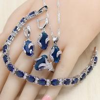 Royal Blue Semi-Precious Silver Color Jewelry Set for Women Includes Bracelet Earrings Ring Classic for Wedding Engagement 6 mėlyna