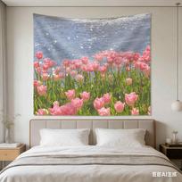 1pc Pink Tulip Flower Tapestry, Lake Nature Landscape Wall Hanging, Polyester 2D Print, Floral Decor for Bedroom, Gift for Plant 100X70CM