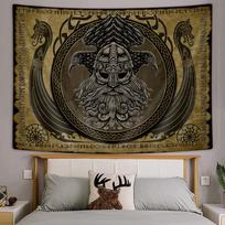 Viking Norse Decor Tapestry Cool Odins Ravens Tapestry Wall Hanging For Men Bedroom Norwegian Mythology Nordic Pagan Golden 100X70CM
