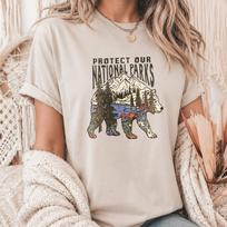 Protect Our National Parks Bear Graphic Tee, Vintage Mountain Forest Lake Bear Print Top, Rustic Wilderness Outdoor Nature Casual T-shirt L