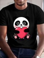 Men'S Casual Crew Neck T-Shirt with Cute Panda Heart Print - Summer Knit Polyester Tee with Slight Stretch S įvairiaspalvis