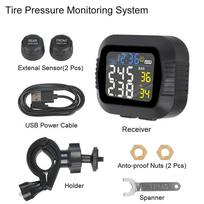 Motorcycle TPMS Tire Pressure Monitoring System Temperature Alarm With 2 External Sensors Moto Tyre Alarm Systems Real Time Black
