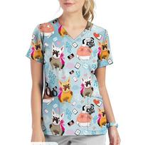 Nurse Uniform V Neck Cartoon Cat Dog Pattern Printed Tops Short Sleeve Pockets Women's T-shirts S