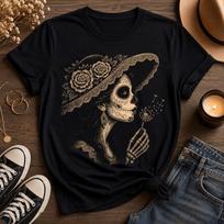 Dia De Los Muertos La Catrina Dandelion Shirt, Gothic Floral Graphic Tee M
