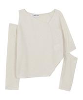 Deviper Diagonal Line Cut-Out Sleeve Top_Ivory Os/Free
