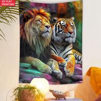 Vibrant Lion Tiger Portrait Tapestry Colorful Big Cats On Rock Wall Art Man Cave Living Room Decor Suitable Offices Bars Party 100X70CM