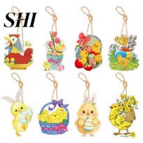 Easter Home Decor 8Pcs Year of 2024 Theme Charm Cartoon Colorful Chicken & Bunny Long-lasting Paper Hanging Ornament Gift Packing Bag Tag Pendant Sets