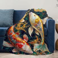 Chinese Koi Fish Soft Blanket - Luxurious /Korean-Inspired Koi & for Design, Plush Flannel-like Bedspread/Throw for Couch, Bed, 75X95CM