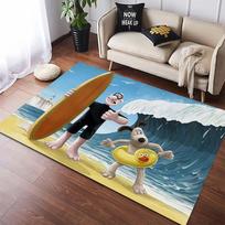 Wallace And Gromit Surfing Print Area Rug, Cartoon Ocean Wave Floor Mat, Anti-slip Soft Carpet for Living Room Kids Room Home Decor 40x60cm( 15x23in )