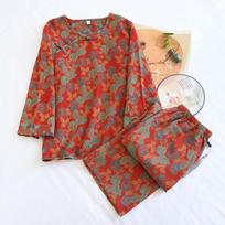 Pavasario/vasaros naujas moteriškų pižamų komplektas 100% medvilnė žakardas retro sagos namų apranga ilgomis rankovėmis kelnės dviejų dalių komplektas M raudona