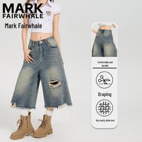 MARK FAIRWHALE Women's Ripped Wide-Leg Cropped Pants S