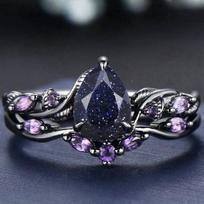 New Gun Black Starry Sky Water Drop Gemstone Pair Ring, Inlaid with Purple Diamond Colored Treasure Women's Ring Set no. 6