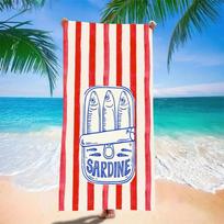 Microfiber Quick Dry Beach Towel - Red White Striped with Sardines Print, Lightweight Sandless Blanket for Swimming Picni 50x100cm