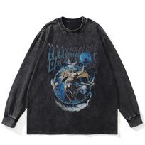 Streetwear Zeus Graphic Washed Black T-Shirt Cotton Unisex Plus Size Long Sleeves T Shirt S juoda
