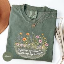 Comfort Colors® Walking by Faith Tripping Constantly Shirt, Wildflower Christian Shirt, Religious Tee Gift for Women Inspirational Shirt M