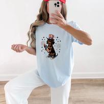 Patriotic Doxie T-Shirt, Funny Dachshund Uncle Sam Hat Fireworks Graphic Tee, Comfort Colors 1717 Wiener Dog Top 2XL
