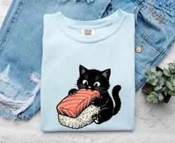 Dark Cat Sushi Shirt Cat Dish Gift Women Playful Tee Sushi T-Shirt Cat Fan Cartoon Tshirt Food Graphic Hand Drawn Sushi Fish Tshirt S