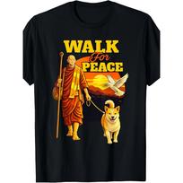 Peace Walking Monk Shiba Inu Graphic T-Shirt Men Casual Crew Neck Short Sleeve Cotton Tee S