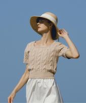 Polneua Cotton Square Neck Cable Half Sleeve Knit (Beige) Beige/M