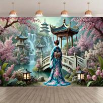 Chinese Garden Sakura Blossom Lady Kimono Tapestry Asian Landscape Waterfall Pagoda Bridge Pink Flowers Spring Scenery WallDecor 100X70CM