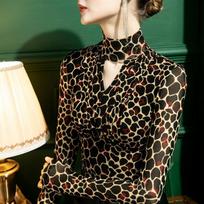 High Neck Mesh Backing Shirt Women's Hollow Leopard Print Long Sleeve Spring and Autumn Top Shirt S juoda