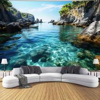 Ocean, Mountain, and Blue Sky Scenery Photo Backdrop Tapestry Living Room, Bedroom, Party Home Decor, Polyester Wall Hang 100X70CM
