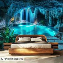 Realistic Turquoise Blue Cave Waterfall Pool Themed Tapestry Polyester Fiber Wall Hanging for Home Decoration Party Wedding 100X70CM