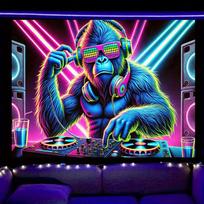 DJ Monkey Tapestry, Cool Gorilla Wall Art Neon Music Party Decor Psychedelic Animal Design Vibrant Hanging for Bedroom Game Room 100X70CM