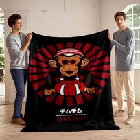 A Cartoon Monkey with a Striped Hat, Red Outfit, and Radial Red Background. for All Seasons Blanket Lunch Break Throw Gift 75X95CM