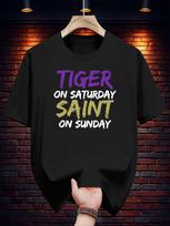 Casual Cotton T-shirt with Vibrant  Tiger On Saturday Saint On Sunday  Print - Short Sleeve S įvairiaspalvis