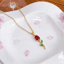 Fashionable Sweet Flower Collarbone Necklace Red tulip green leaves auksas