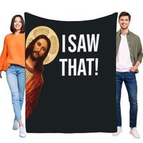 Large Black Jesus Blanket with Golden Halo and Bold 'I SAW THAT!' Text | Perfect for Cozying Up, Home Decor, Gift for Religious Size: 75*100cm, Weight: 230 GSM