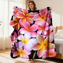 Vibrant Plumeria Blossoms Flannel Nap Blanket, Fashion Print Soft Comfortable Warm Luxurious Autumn Throw Size: 75*100cm, Weight: 230 GSM
