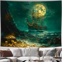 Fantasy Pirate Ship Tapestry 2D Digital Print Polyester Wall Hanging Living Room Bedroom Office Decor with Hooks 100X70CM