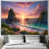 Dreamy Beach Atmosphere Capturing the Beauty of Island Sunsets  Artistic Wall Hanging Tapestry 100X70CM