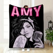 Dark-haired Figure Holding a Retro Microphone, Beneath Lit Pink Text  AMY . for All Seasons Blanket Lunch Break Throw Gift 75X95CM