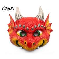 Breathable Eyelet Dragon Mask 3D Cute Full Face Mask, Halloween Party Baby Lightweight Costume Accessory Role Play with Realistic Scales And Horns for raudona