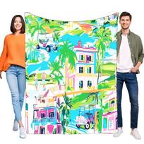 Vibrant Tropical Coastal Blanket, Soft Cozy Fleece Throw with Palm Trees Golf Carts Houses, Lightweight Summer Bed Sofa Decor Gi Size: 75*100cm, Weight: 230 GSM