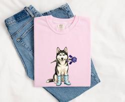 Husky Puppy Shirt Dog Blossoms Gift Women Paint Tee Siberian Husky T-Shirt Dog Fan Puppy Art Tshirt Floral Graphic Sketch Bloom Tshirt M