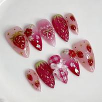 24pcs 3D Strawberry Heart Almond Press‑On Nails, Medium Length Reusable Nail Art for Women