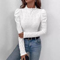 Spring Elegant Ms. Solid Color Wooden Ear Rim Embroidered Fabric Slim Long-sleeved T-shirt Tops Women Versatile Closet Essential Fashion Items Shirt S balta