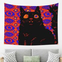 Psychedelic Pop Style Black Cat Tapestry Retro Trippy Eye Star Print Hanging Cloth Room Decoration 100X70CM