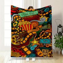 A Colorful Cinema-themed Doodle with Film Reels, Popcorn, and TV Icons. for All Seasons Blanket Lunch Break Throw Gift 75X95CM